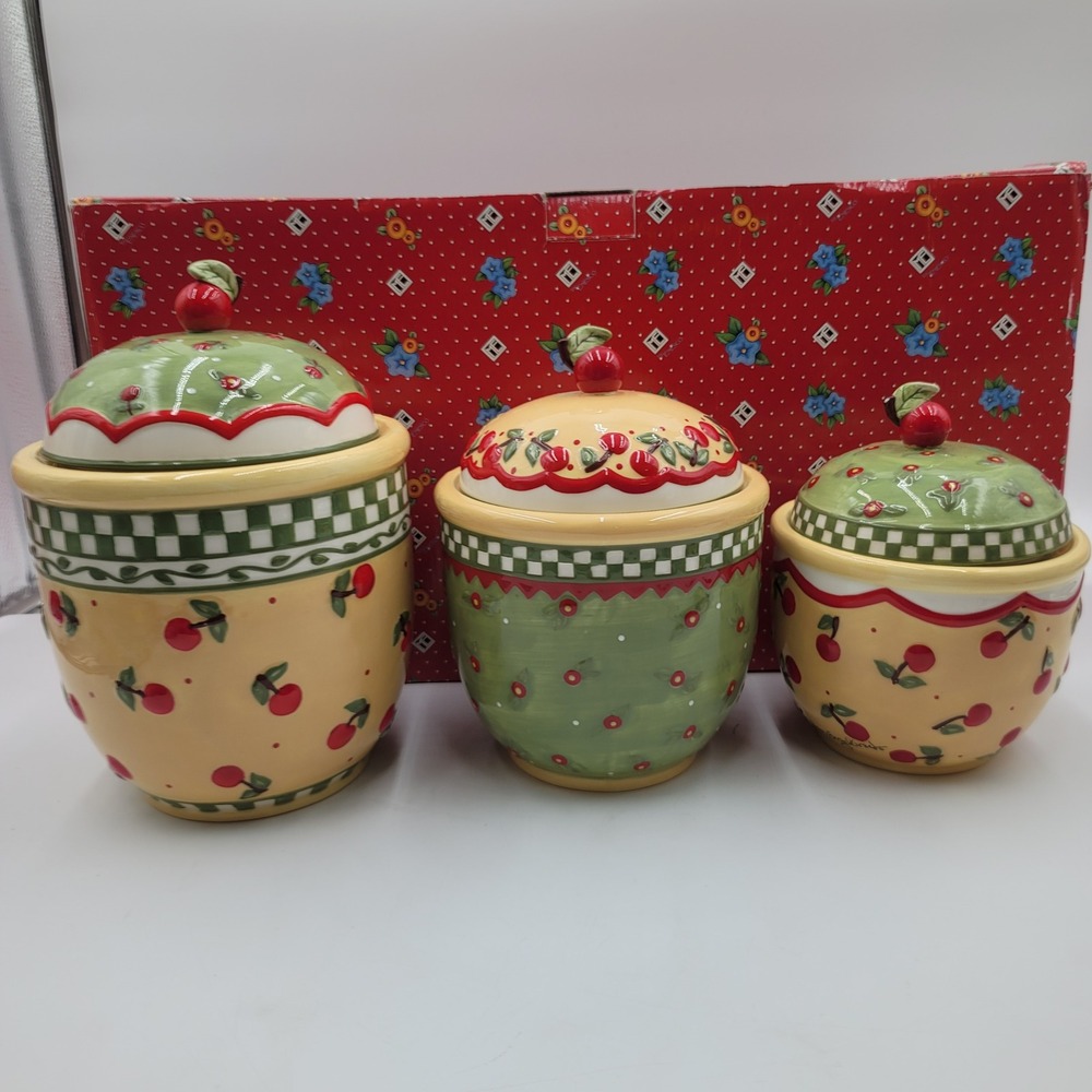 Mary Engelbreit Enesco Cherries Canister Set of 3 VTG 1998 Kitchen Jars 969036